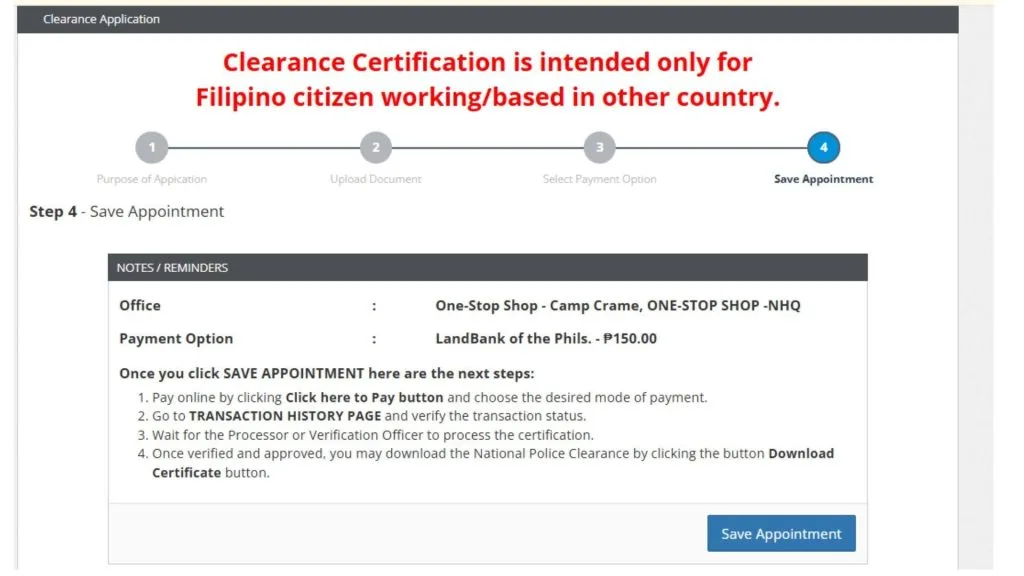 Save appointment for clearance